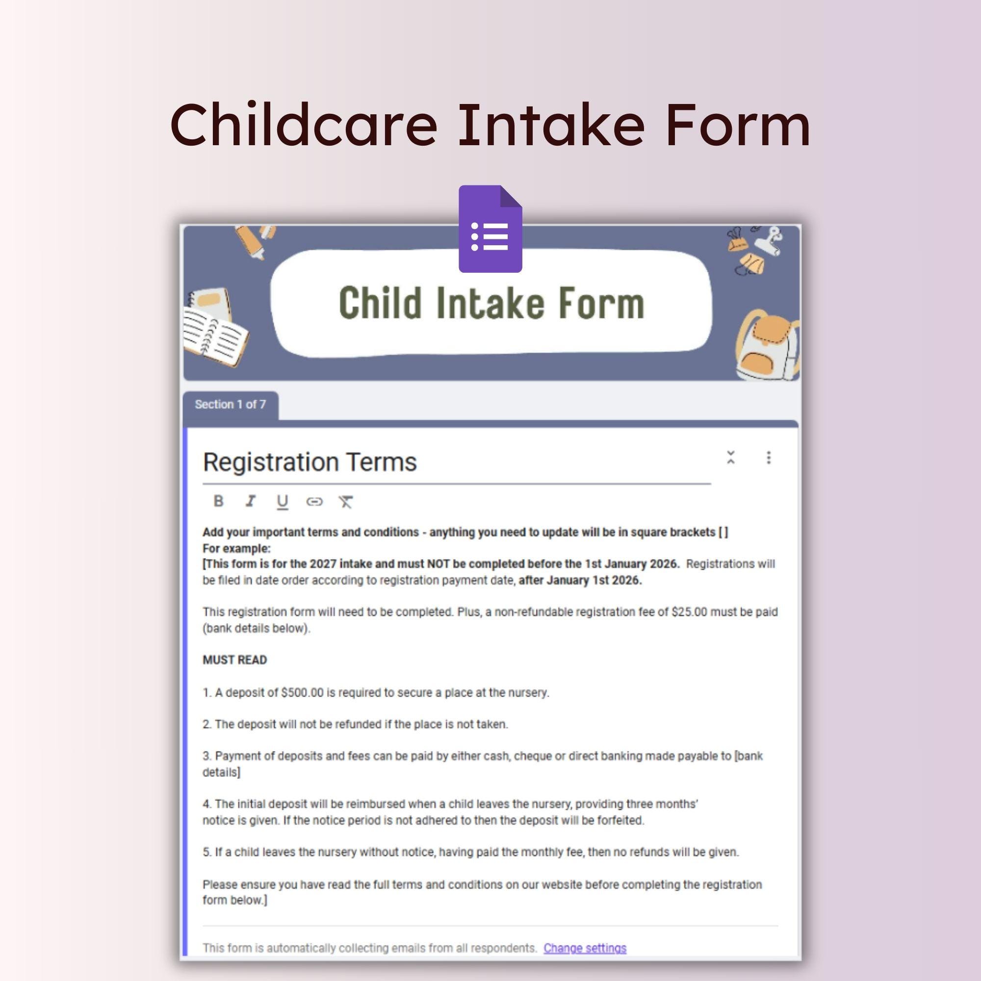 Google Form Child Intake Template Digital Childcare Enrolment ...