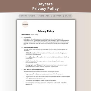 Daycare Privacy Policy Template Childcare Digital Data Protection Statement Parents Privacy Agreement Early Learning GDPR Confidentiality