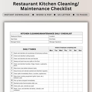 Restaurant Kitchen Cleaning Checklist Template For Hygiene Inspection Daily Task List Printable Log Schedule Editable Word Temperature Log