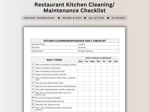 Restaurant Kitchen Cleaning Checklist Template For Hygiene Inspection Daily Task List Printable Log Schedule Editable Word Temperature Log