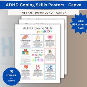 Póster de habilidades de afrontamiento del TDAH con póster de iceberg del TDAH Estrategias para afrontar la situación Ayuda visual Póster de niños con TDAH para el hogar o la escuela Canva personalizable