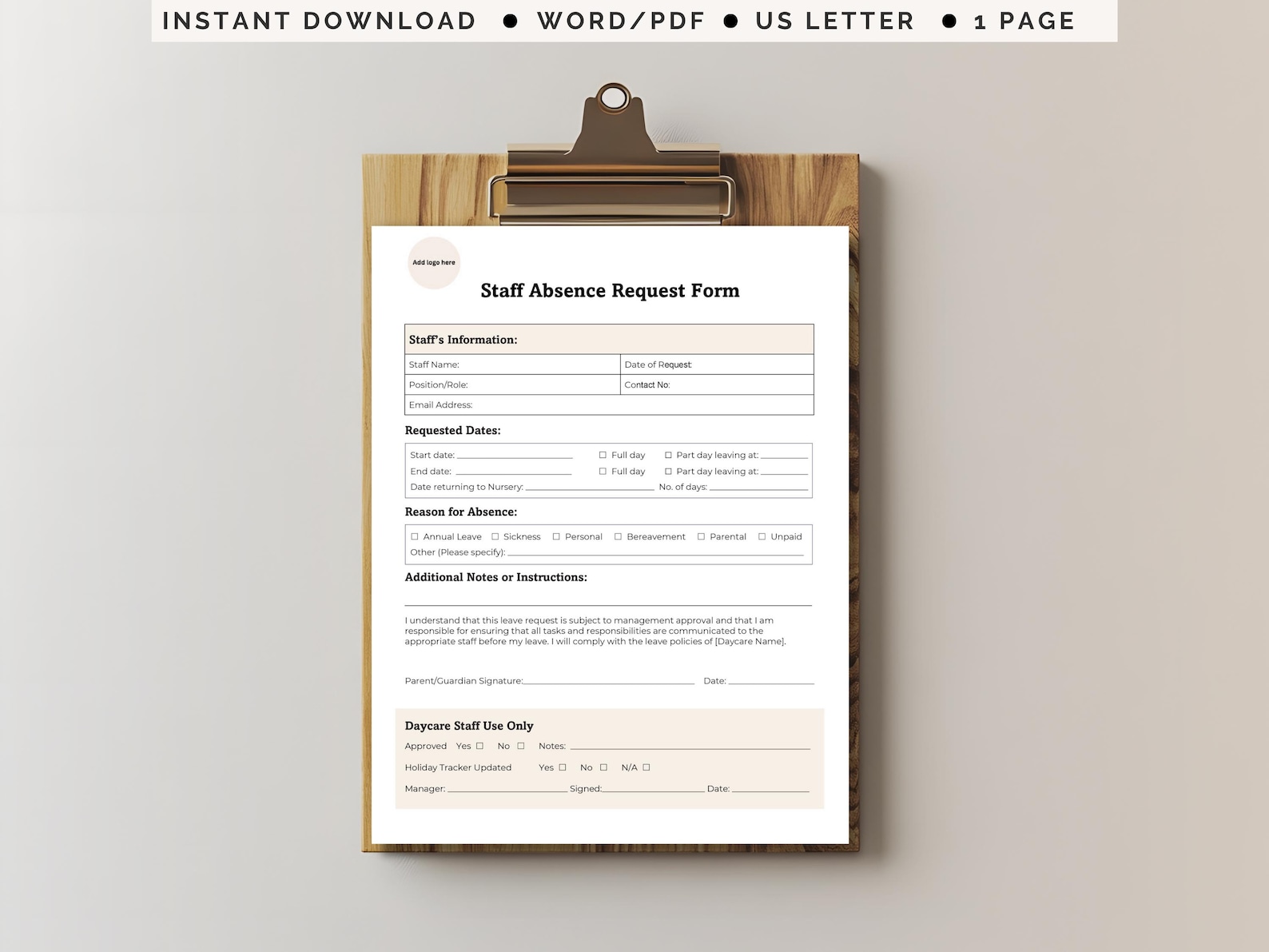 Preschool Staff Absence Form Printable Employee Request Template for ...