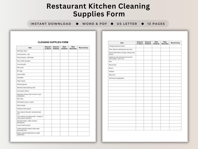 Kitchen Cleaning Supplies Form