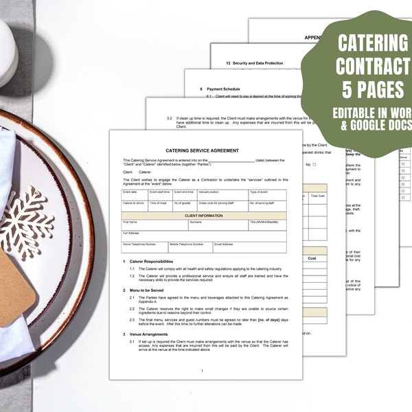 Catering Contract for a Caterer with Menu Details and Agreement of Terms for a Personal Chef for Events Contract Template Editable in Word