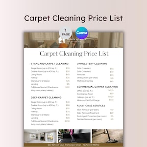 Carpet Cleaning Price List Flyer Professional Upholstery Cleaning Editable Pricing Sheet Deep Carpet Clean Service Rate Card Cost Guide