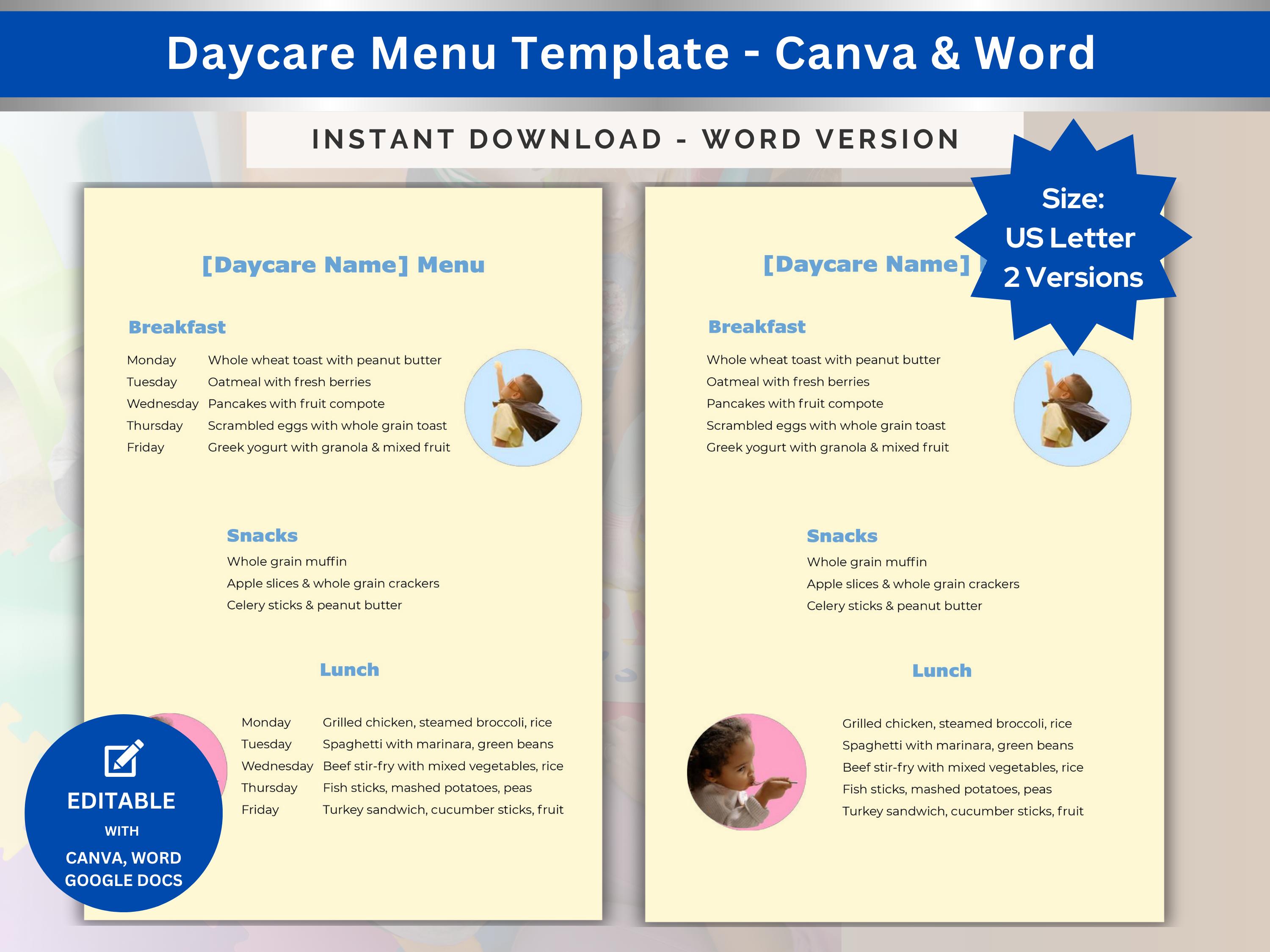 Daycare Menu Template for Childcare Meal Plan Ideas Weekly Food ...
