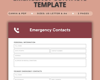 May include: An emergency contacts template document with a maroon header featuring a white telephone icon and the text Emergency Contacts. The form includes sections for personal information, allergies, medical conditions, and primary emergency contacts.