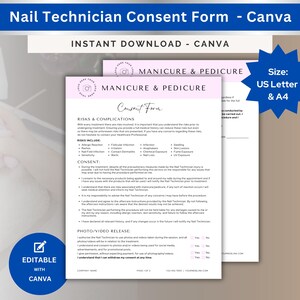 May include: A consent form for nail technicians, featuring the text "Nail Technician Consent Form - Canva" and "Manicure & Pedicure". The form is in a light pink and white color scheme, with a blue starburst graphic indicating size options of US Letter and A4.
