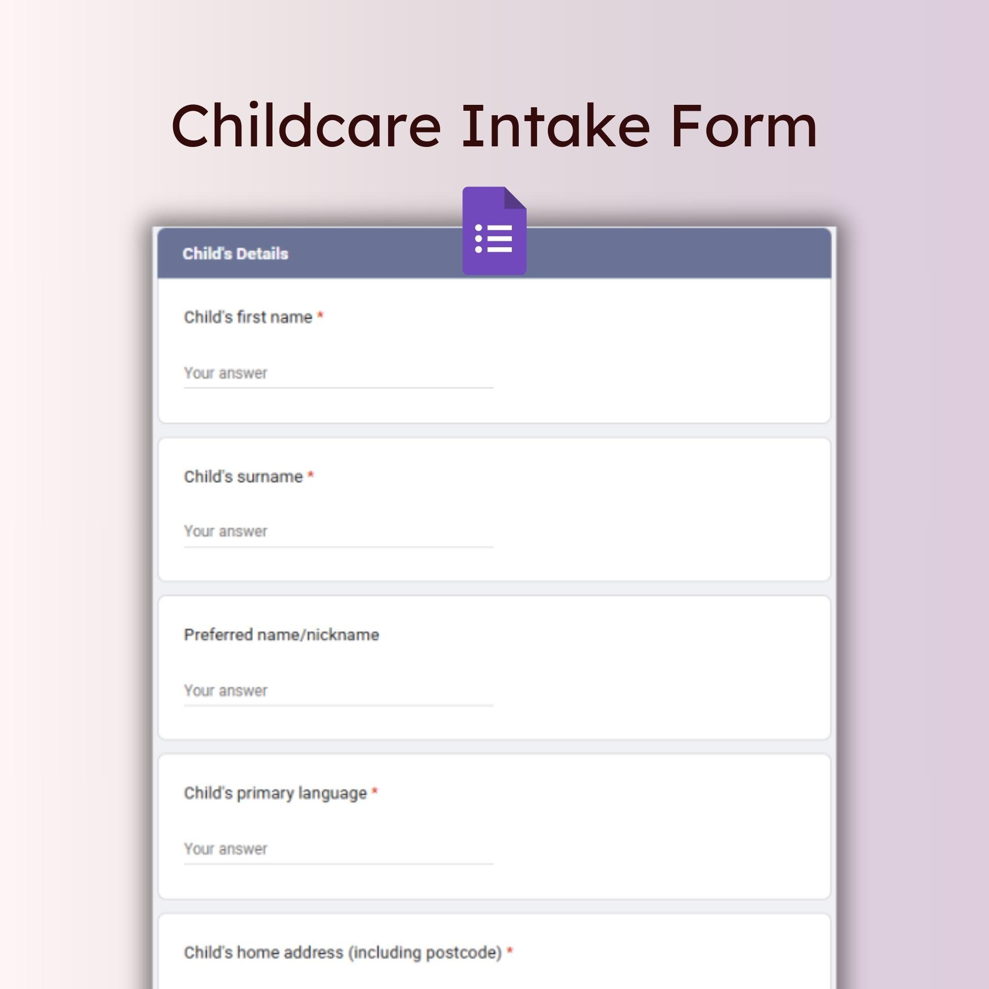 Google Form Child Intake Template Digital Childcare Enrolment ...