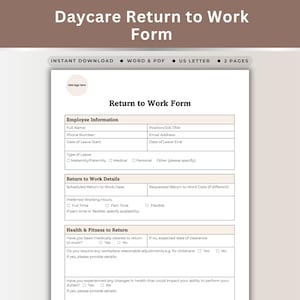 Formulaire de retour au travail en garderie Formulaire de présence du personnel enseignant Ajustements raisonnables Retour en garderie après un congé de maternité Documentation imprimable