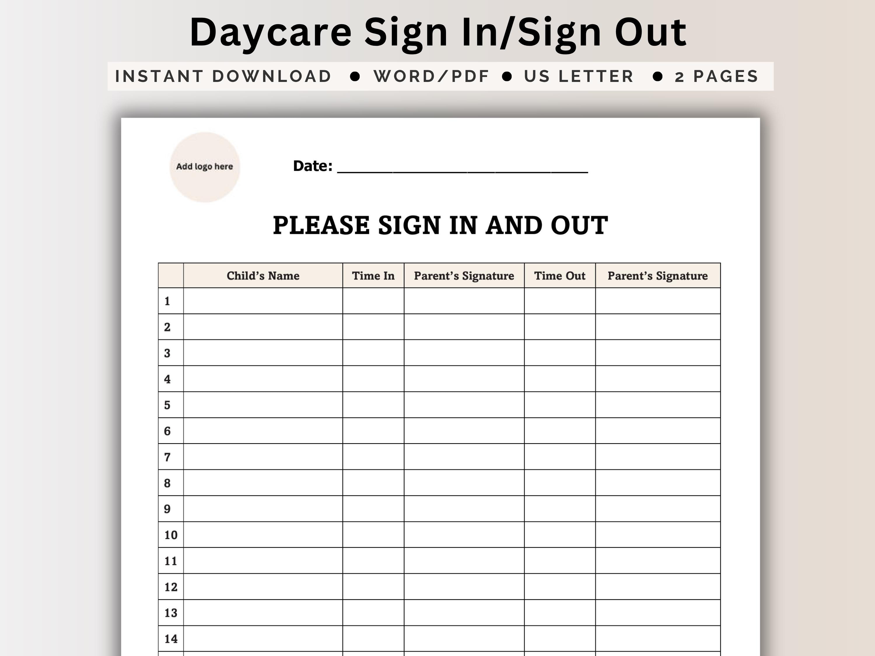 Daycare Daily Sign in Sign Out Sheet Template Fire Alarm Checks ...