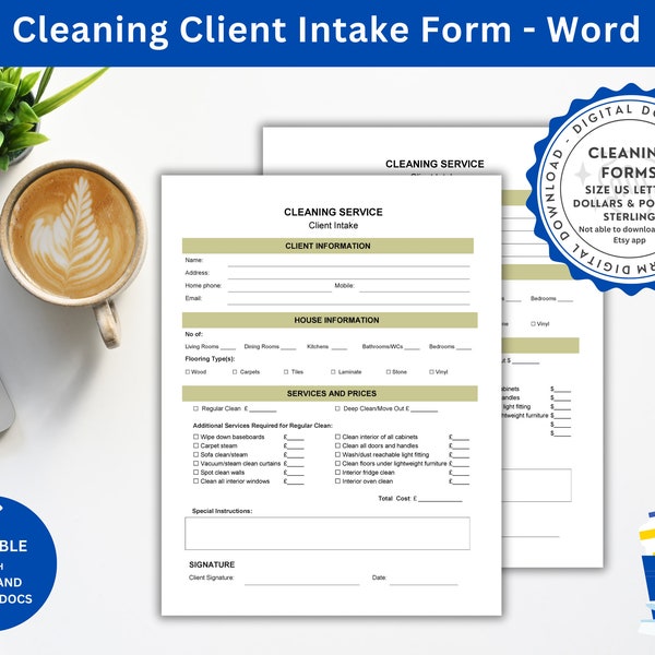 Simple Cleaning Customer Form | Customer Intake Form | Client Onboarding Form | Cleaning Company Client Form  | Clean Client Form Template