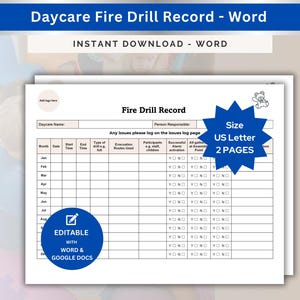 Daycare Fire Drill Log Record For Emergency Drill Documentation Fire Safety Drill Record Compliance Form Childcare Facility Word Google Docs