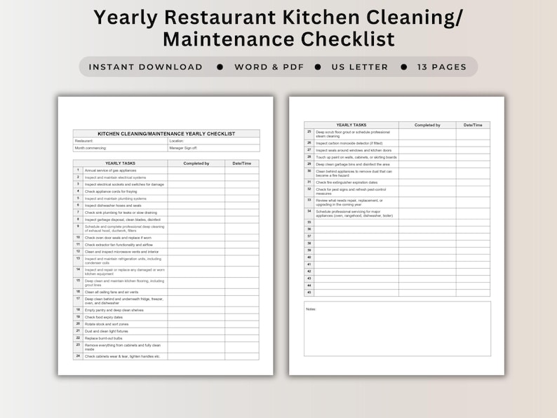 Yearly Restaurant Kitchen Cleaning Checklist