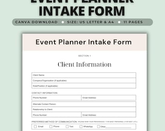 Pode incluir: Um modelo de formulário de admissão para organizadores de eventos de onze páginas com um cabeçalho rosa claro. O documento inclui seções para informações do cliente, detalhes de contato e métodos de comunicação, em formatos A4 e carta.