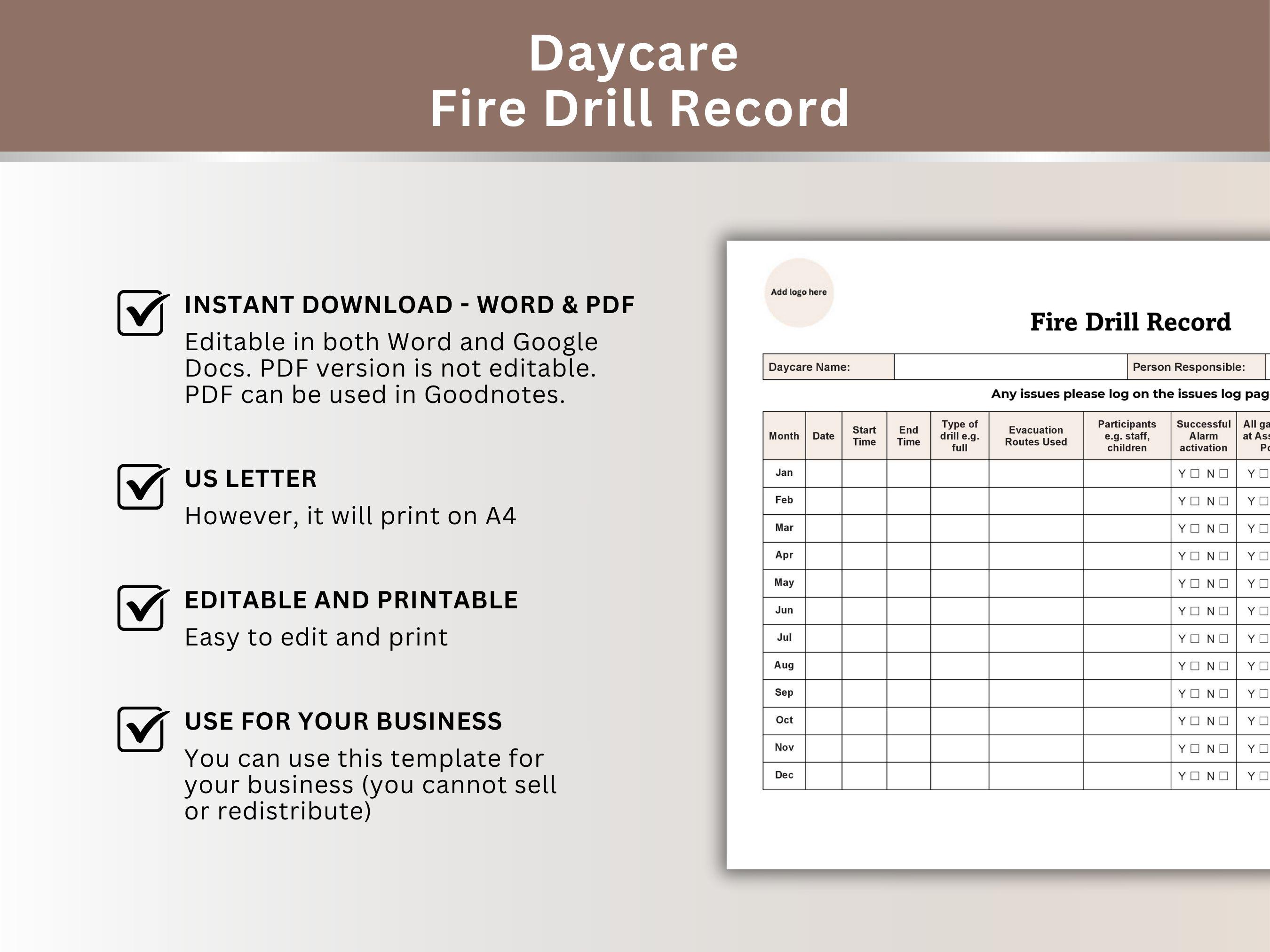 Childcare Fire Drill Record Template Monthly Emergency Evacuation Drill ...
