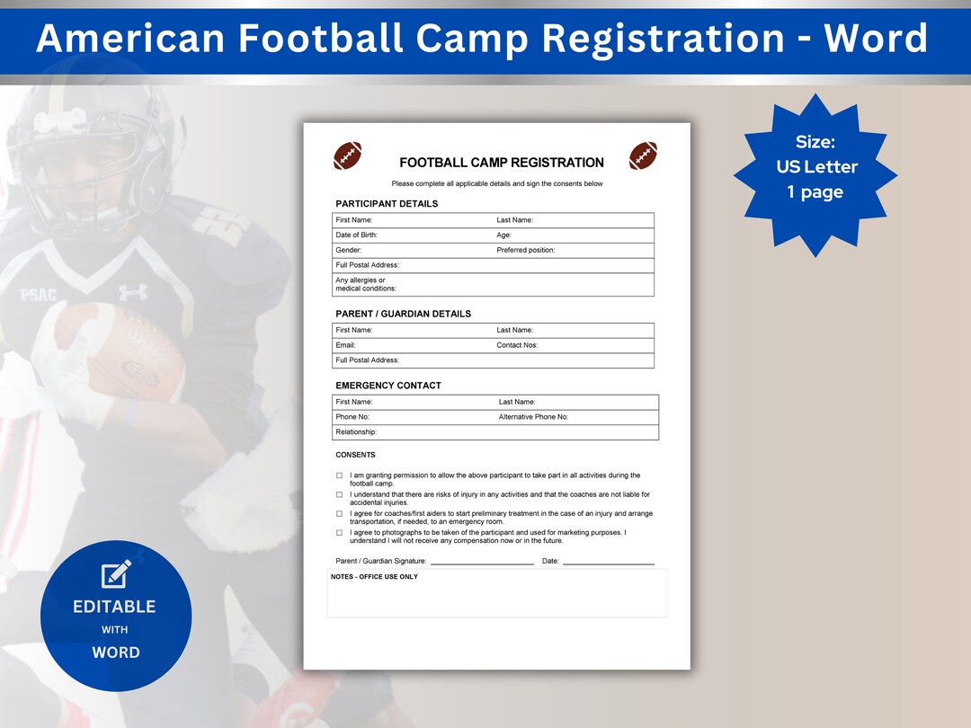 American Football Camp Registration Form for Holiday Camp Youth Sign up With Waiver Clauses