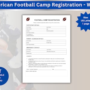 Puede incluir: Un formulario de registro de campamento de fútbol americano imprimible con fondo blanco y texto negro. El formulario incluye secciones para los detalles del participante, los detalles de los padres o tutores, la información de contacto de emergencia y los consentimientos. El formulario es editable y se puede utilizar para el registro de un campamento de fútbol americano.