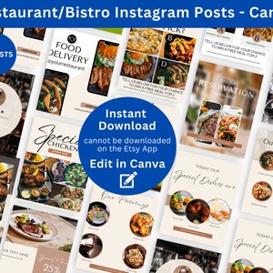 Plantillas de publicaciones de Instagram para restaurantes / Kit de redes sociales Canva editable para cafeterías, bistrós, paquete de marketing para negocios de comida en IG personalizable