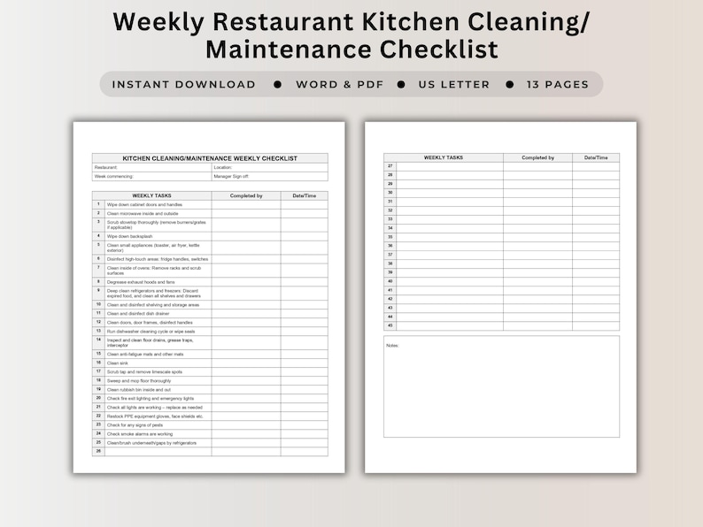 Weekly Restaurant Kitchen Cleaning Checklist
