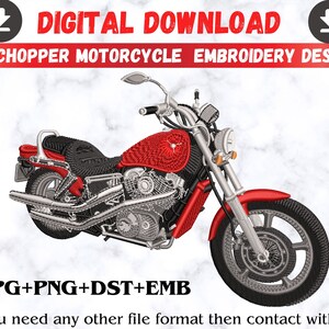 May include: Red and black embroidered design of a chopper motorcycle. The design includes JPG, PNG, DST, and EMB file formats.  "If you need any other file format then contact with us."
