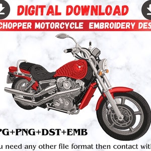 May include: Red and black embroidered design of a chopper motorcycle. The design includes JPG, PNG, DST, and EMB file formats.  "If you need any other file format then contact with us."