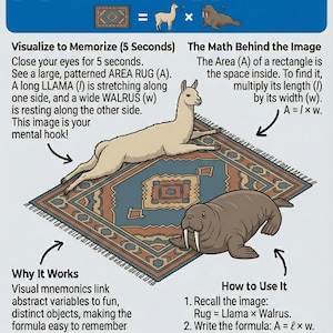 May include: Educational visual mnemonic for the area of a rectangle, featuring a rug, llama, and walrus. The formula A = l x w is displayed with instructions on how to use the visual aid for memorization. The image includes the text "visulang.app visulang etsy.com @visulang".