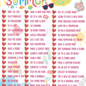 以下が含まれることがあります： 「SUMMER」の文字が大きく書かれた、カラフルな夏のバケットリストポスター。「動物園に行く」、「スイカを食べる」、「観覧車に乗る」など、楽しいアクティビティがリストアップされています。ハートや夏をテーマにしたイラストが特徴です。