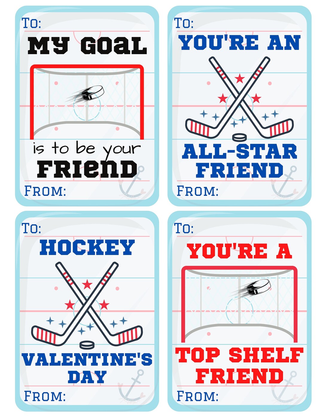 HOCKEY VALENTINES Day Printable Cards 4 Different Cards on One Sheet