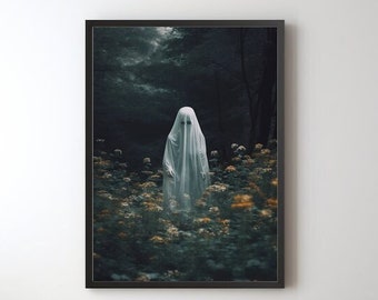 Ghost In The Forest Wall Art, Vintage Poster Print, Art Poster Print, Dark Academia, Haunting Ghost, Halloween Decor, Forest Ghost | SG#23