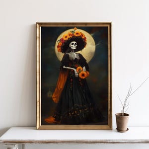 Arte de pared con calavera de La Catrina, póster del Día de los Muertos, decoración del Día de los Muertos, esqueleto de calavera de Marigold, México, Halloween, Samhain / SG#174