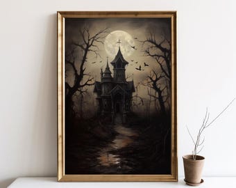 May include: A dark, gothic-style house with a tall, pointed roof and a cross on top. The house is surrounded by trees and a full moon is visible in the sky.