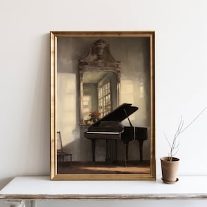 Moody Still Life Painting, Neutral Art Print, Printable Vintage Decor, Piano Oil Painting, Mirror Art, Music Room Decor, Piano Art | SG#60