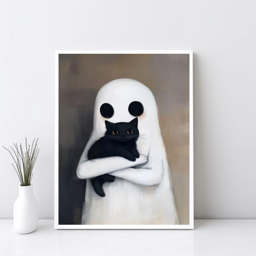 Cute Ghost Holding a Black Cat Print, Halloween Printable Wall Art ...