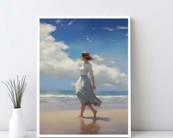 Woman on Beach Wall Art, Beautiful Ocean Waves Vintage Print Light Aesthetic Wall Art Oil Painting Living Room Beach House Decor JPG | SG#30
