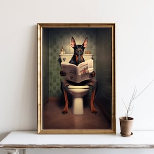 Doberman Funny Wall Art, Bathroom Decor, Doberman Dog on Toilet, Animal in Toilet Dog Reading Newspaper Art Doberman Pinschers Gift | SG#117