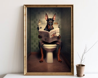 Doberman Funny Wall Art, Bathroom Decor, Doberman Dog on Toilet, Animal in Toilet Dog Reading Newspaper Art Doberman Pinschers Gift | SG#117