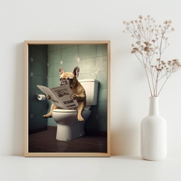 French Bulldog Wall Art, Funny Bathroom Poster, French Bulldog Dog on Toilet, Petshop Dog Art, French Bulldog Gift Wall Decor JPG | SG#99
