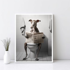 Greyhound Wall Art, Greyhound Funny Bathroom Decor, Greyhound on Toilet, Petshop Art, Dog Art Print, Greyhound Gift, Digital Art JPG | SG#90