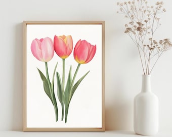 Aquarell Tulpe Druck, Frühlingsblumen Wandkunst, Girly Frühling College Studentenwohnheim Zimmer Dekor, Frühling Blumen Blumenstrauß rosa Tulpen | SG#228