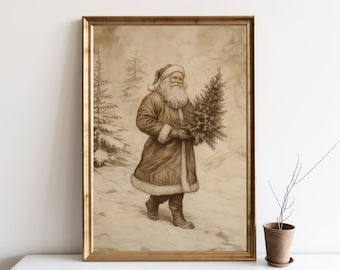 Vintage Christmas Santa Wall Art, Neutral Santa Holding Tree Christmas Decor Printable Painting Winter Forest Holiday Drawing Poster | SG305