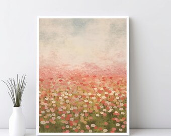 Flower Field Landscape Printable Art, Spring Print, Flower Meadow Oil Painting, Vintage Style Decor, Summer Print, Garden Painting | SG#74