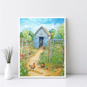 Aquarell Bauernhaus Wandkunst, Gewächshaus Garten Poster, Gartenarbeit Frühling Druck, Gartenarbeit Geschenk, Friedliche botanische Hühnerstall-Kunst | SG#20