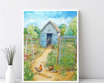 Watercolor Farmhouse Wall Art, Greenhouse Garden Poster, Gardening Spring Print, Gardening Gift, Peaceful Botanical Chicken Coop Art | SG#20
