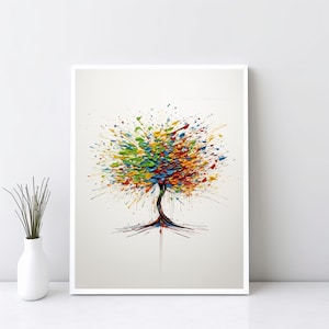 Puede incluir: Pintura abstracta de un árbol colorido sobre un fondo blanco. El árbol está hecho de varios tonos de pintura verde, amarilla, naranja, roja y azul. El árbol tiene un tronco y ramas gruesas y negras.
