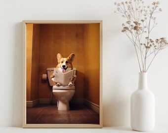 May include: A corgi dog sits on a white toilet in a bathroom, reading a newspaper. The bathroom has yellow tiled walls and a white toilet with a white tank. The dog is smiling and looking at the newspaper.
