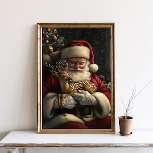 Vintage Santa Claus Christmas Holiday Oil Painting, Antique Reindeer Print Rustic Xmas Farmhouse Wall Art, Winter Wonderland Poster | SG#302