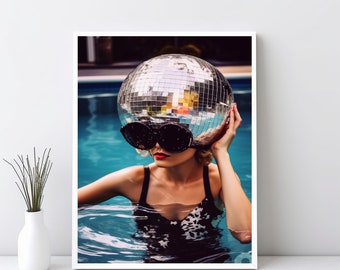 Impressão de bola de discoteca, arte de parede moderna, arte de parede preppy, arte de parede feminina, decoração de dormitório descolada, impressão de prata em preto e branco, arte eclética JPG | SG#51