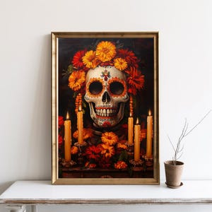 Pode incluir: Uma caveira de açúcar com uma coroa de flores laranja e vermelhas, cercada por velas acesas. A caveira é decorada com padrões coloridos e tem uma expressão caprichosa.
