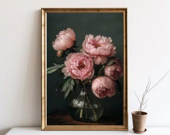Obraz Vintage Pink Peonies, Nastrojowy wydruk artystyczny z kwiatami, Ciemna kwiatowa sztuka ścienna, Wystrój domu wiejskiego, Drukowana kwiatowa sztuka ścienna, Sztuka cyfrowa | SG323